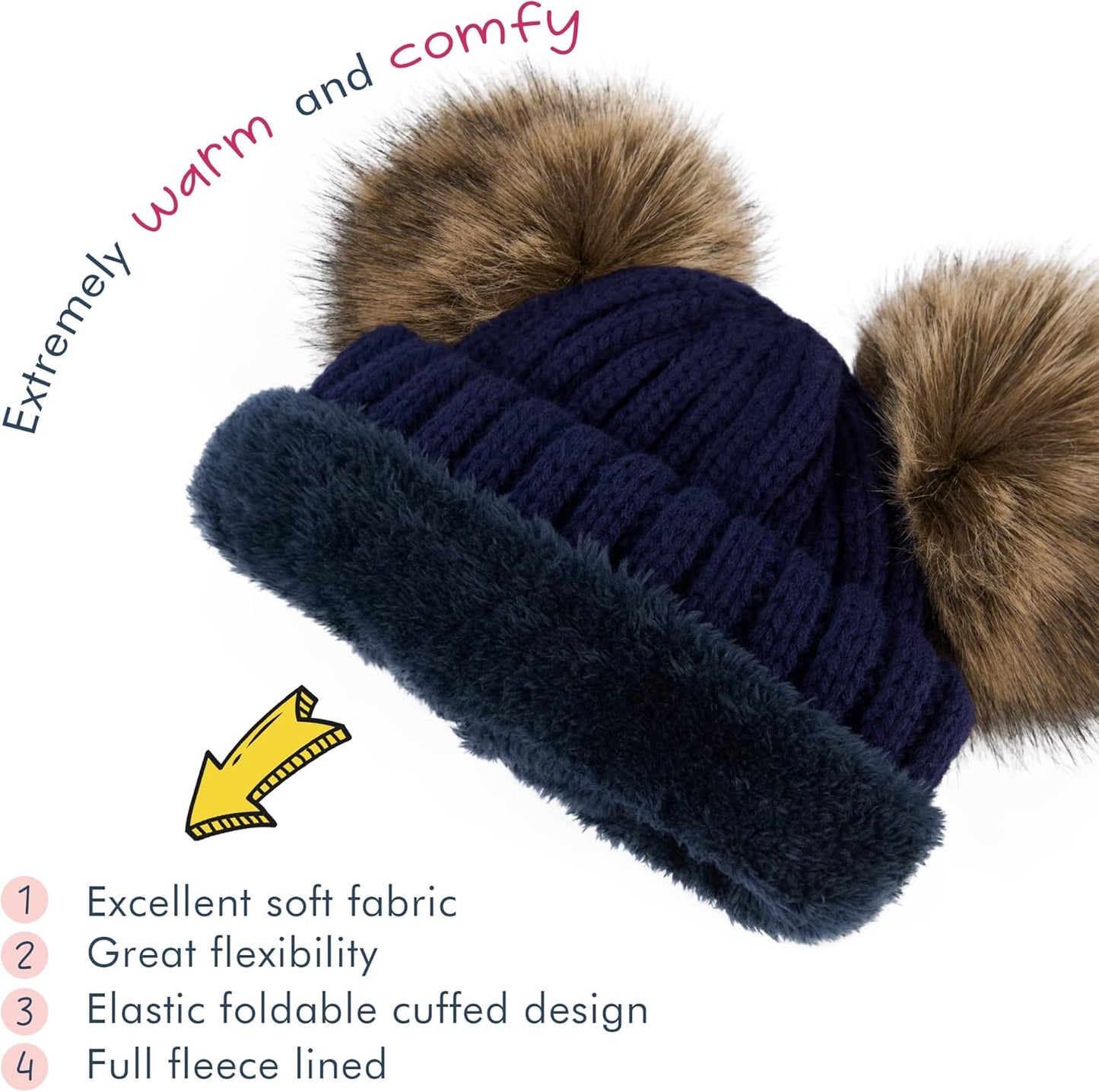 Warm Kids Boys Girls Winter Hat with Pompom Ears Elastic Knitted Toddler Beanie Hats for Girls Boys