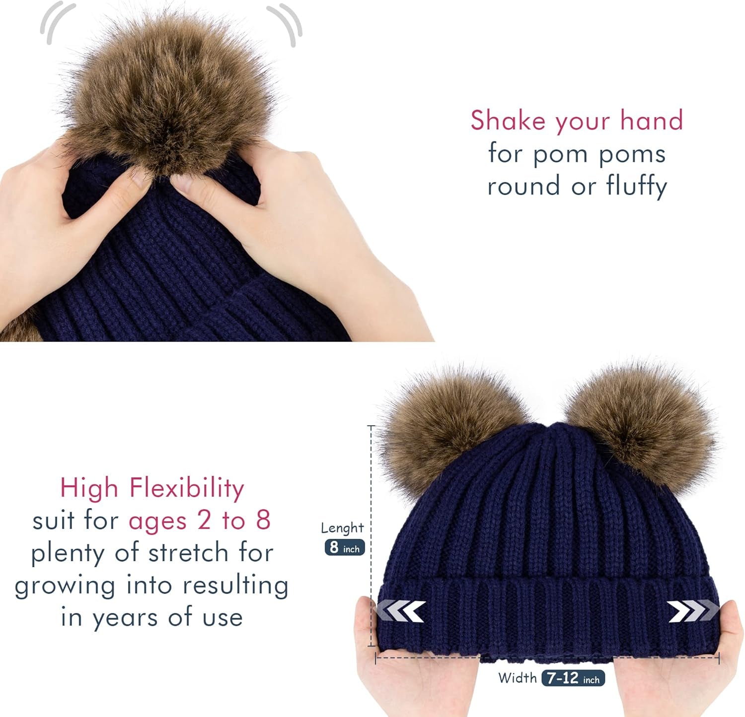 Warm Kids Boys Girls Winter Hat with Pompom Ears Elastic Knitted Toddler Beanie Hats for Girls Boys