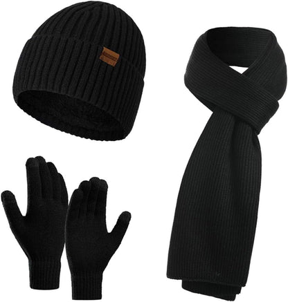Winter Beanie Hats for Men Long Neck Scarf and Touchscreen Gloves Set with Fleece Lined Skull Caps Gifts for Men
