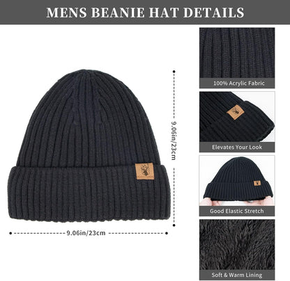 Winter Beanie Hats for Men Long Neck Scarf and Touchscreen Gloves Set with Fleece Lined Skull Caps Gifts for Men